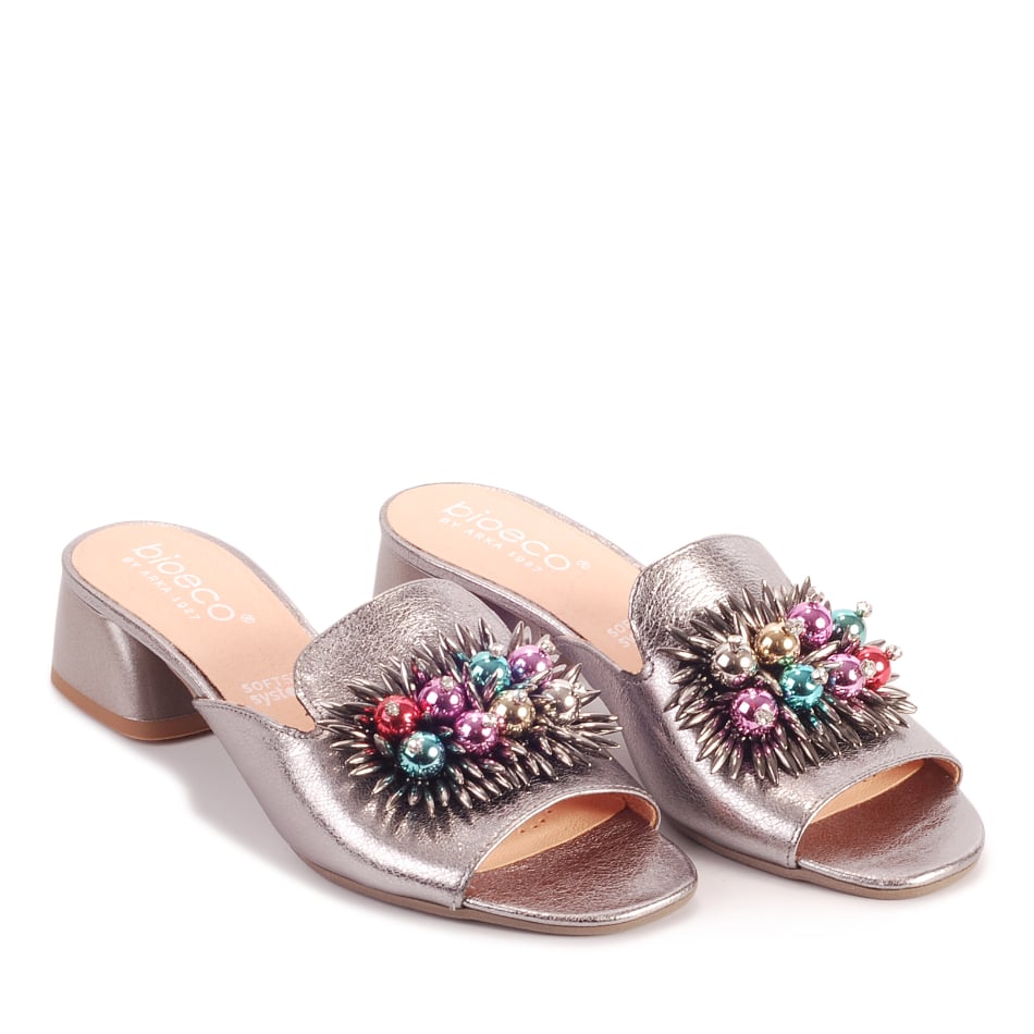  Silver leather slippers with a colorful decoration