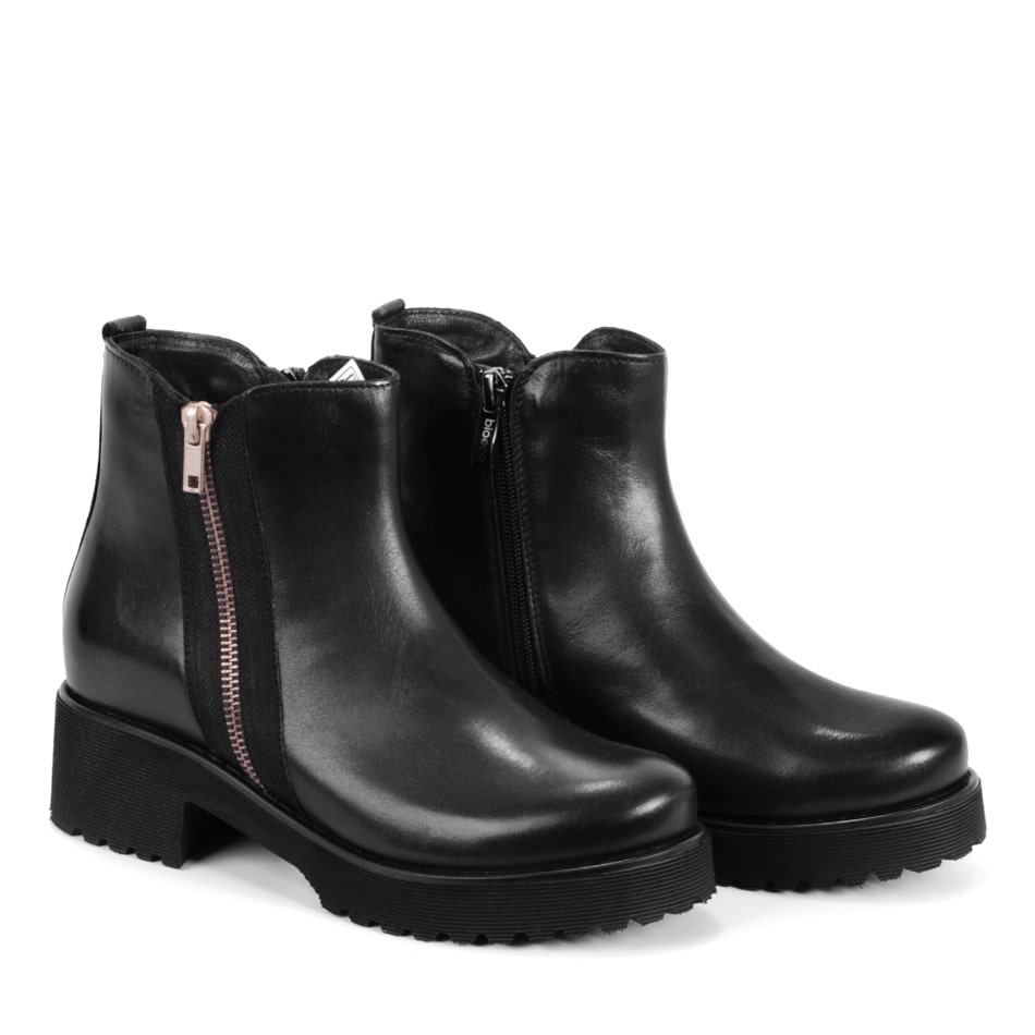  Black leather ankle boots with a decorative zipper