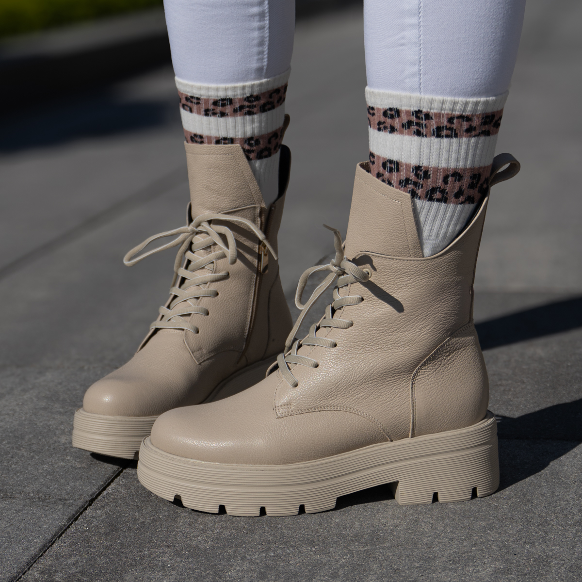  Beige leather ankle boots