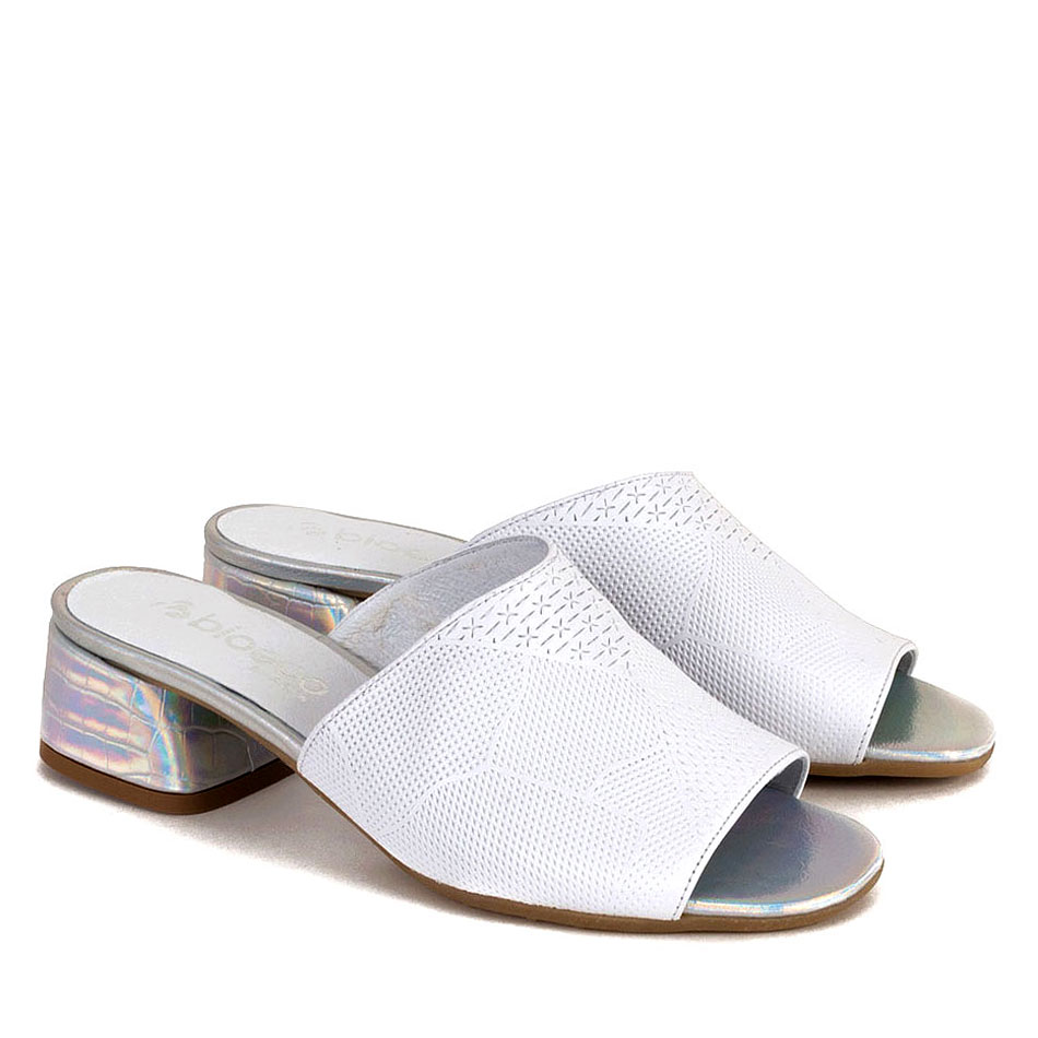  White leather embossed slippers with a covered heel