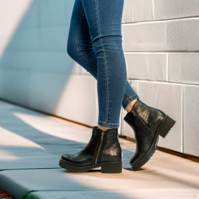  Black leather  boots with a decorative zipper on the side