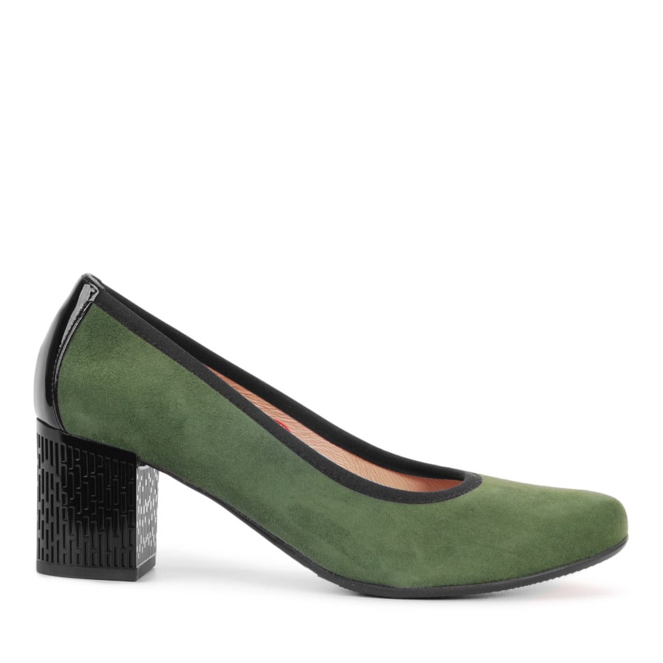 Green suede shoes with a black patent heel
