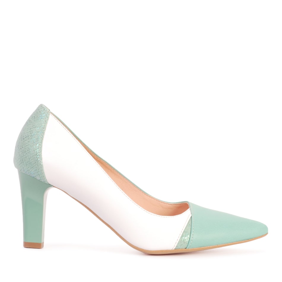 White and green leather pumps