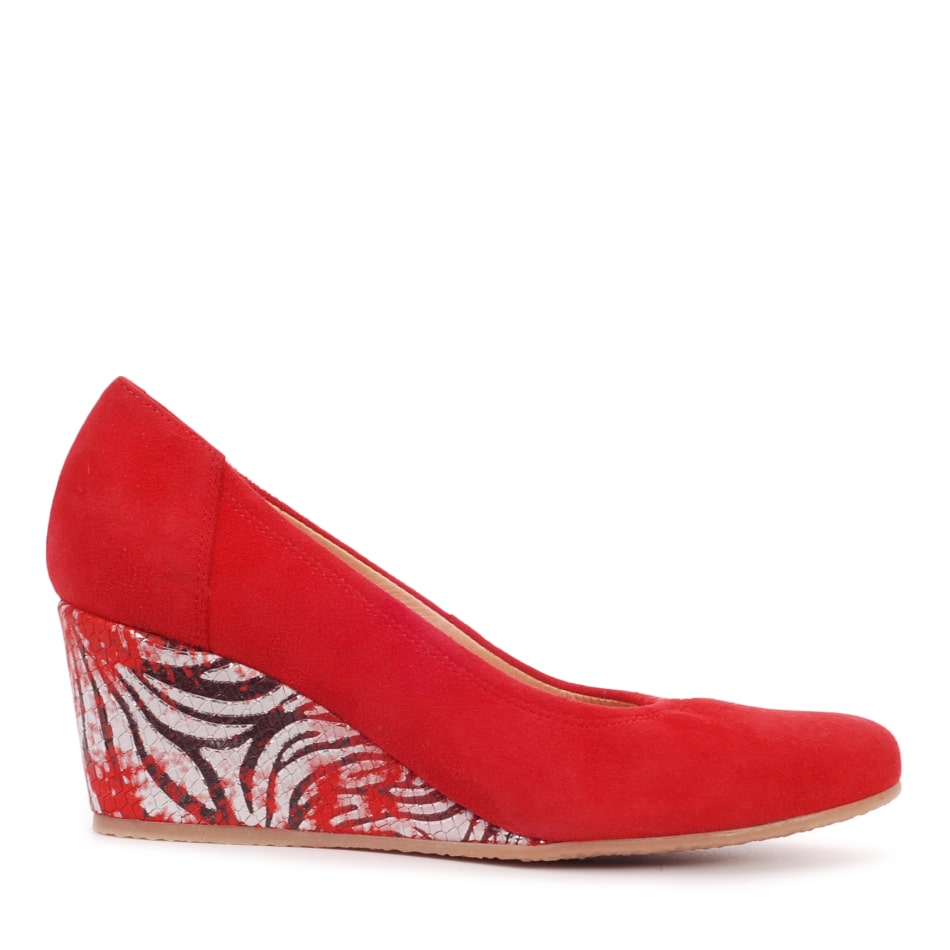 Red velor wedge shoes