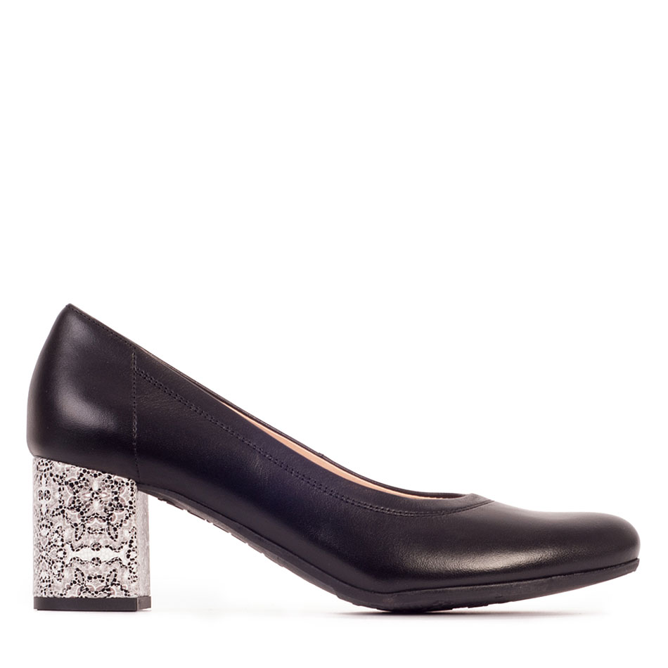 Black leather pumps with a covered heel