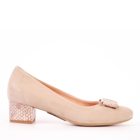 Beige velor pumps with a covered heel