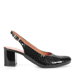 Black leather pumps without heels with a crocodile motif