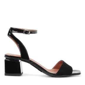 Black velor sandals with a patent leather strap