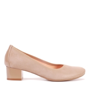 Beige leather pumps with a patent heel