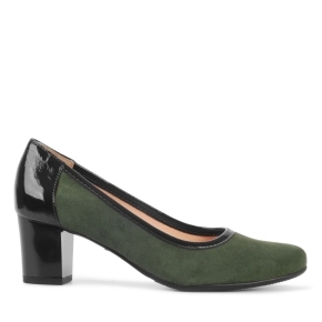 Green suede shoes with a varnished heel