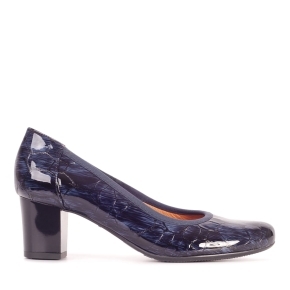 Navy blue leather pumps with a crocodile motif