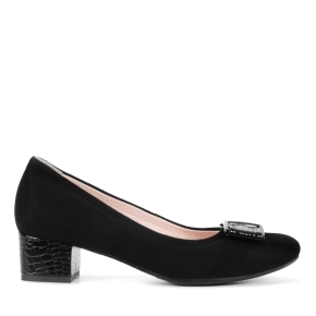 Black suede pumps with a decorative bow