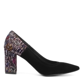 Black velor pumps with a covered heel