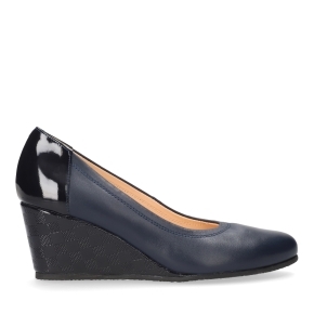 Navy blue leather wedge heel pumps 5899 Bioeco by Arka