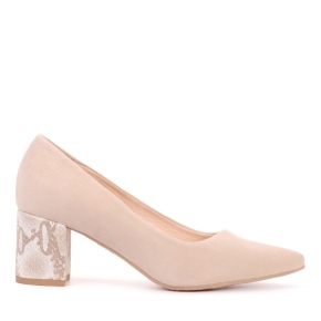 Beige suede pumps with a covered heel