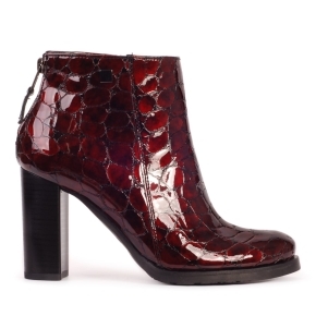 Burgundy lacquered high-heeled ankle boots