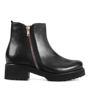 Black leather ankle boots with a decorative zipper