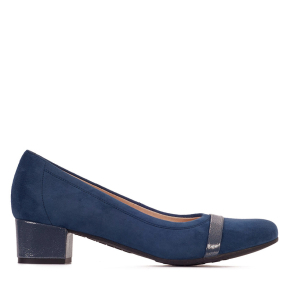 Navy blue velor shoes with a covered heel