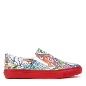 Multicolored shoes on a red sole