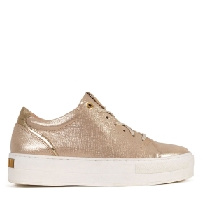 Gold leather sneakers with white soles