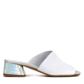White leather embossed slippers with a covered heel
