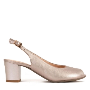 Beige leather pumps with no heels and exposed toes